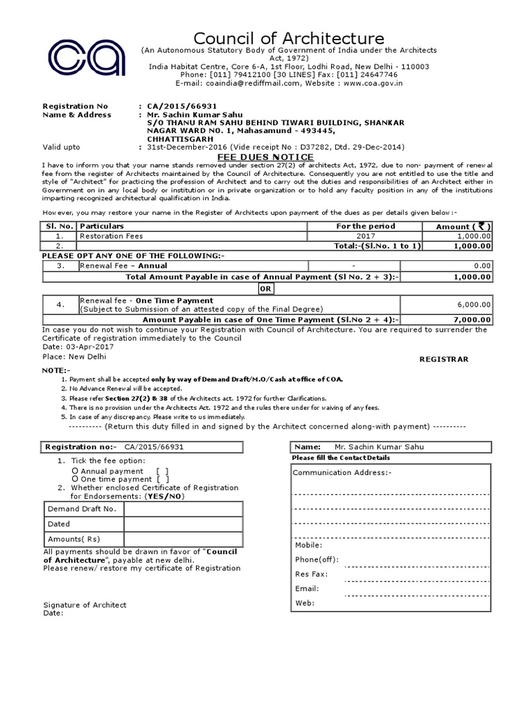 COA License Renewal Fee Structure | PDF | Architect | Government
