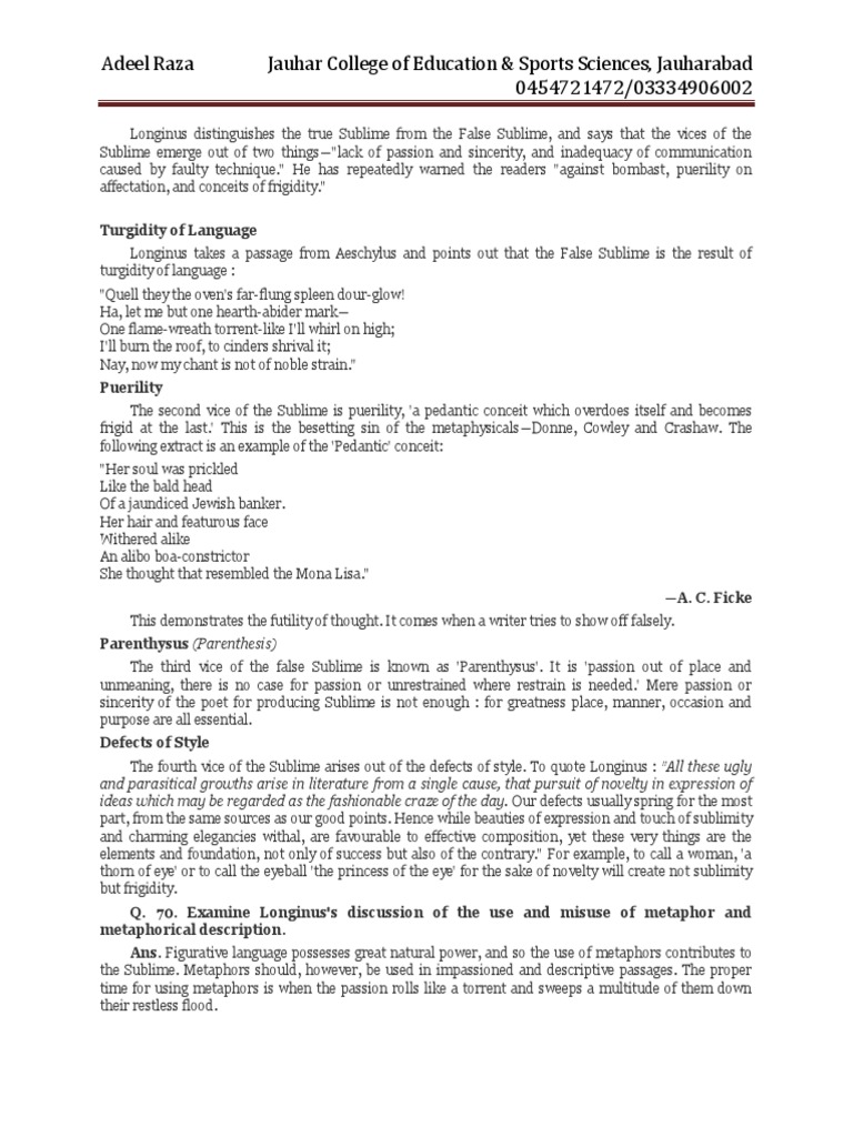 Longinus Distinguishes The True Sublime From The False Sublime Pdf