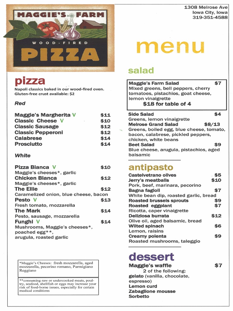 Maggie's Farm Pizza Menu Iowa City Restaurant Pizza Salad