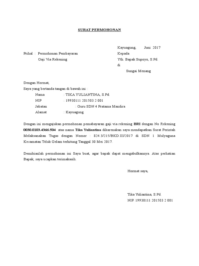 Surat Permohonan Pindah Gaji
