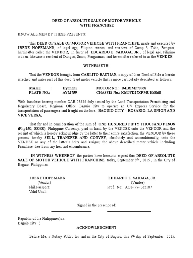 Deed of Absolute Sale of Motor Vehicle Deed Civil Law Law)