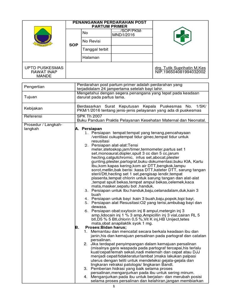 Sop Penanganan  Perdarahan Post Partum Primer