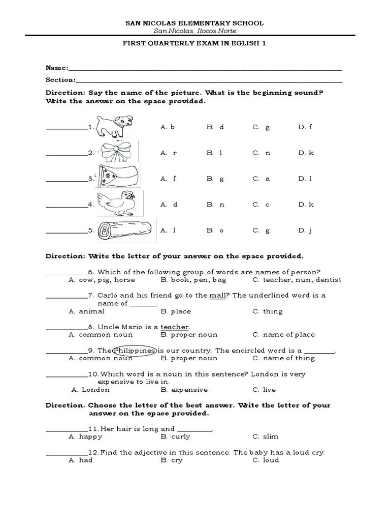 Grade 1 First Quarter English Exam | PDF | Noun | Style (Fiction)