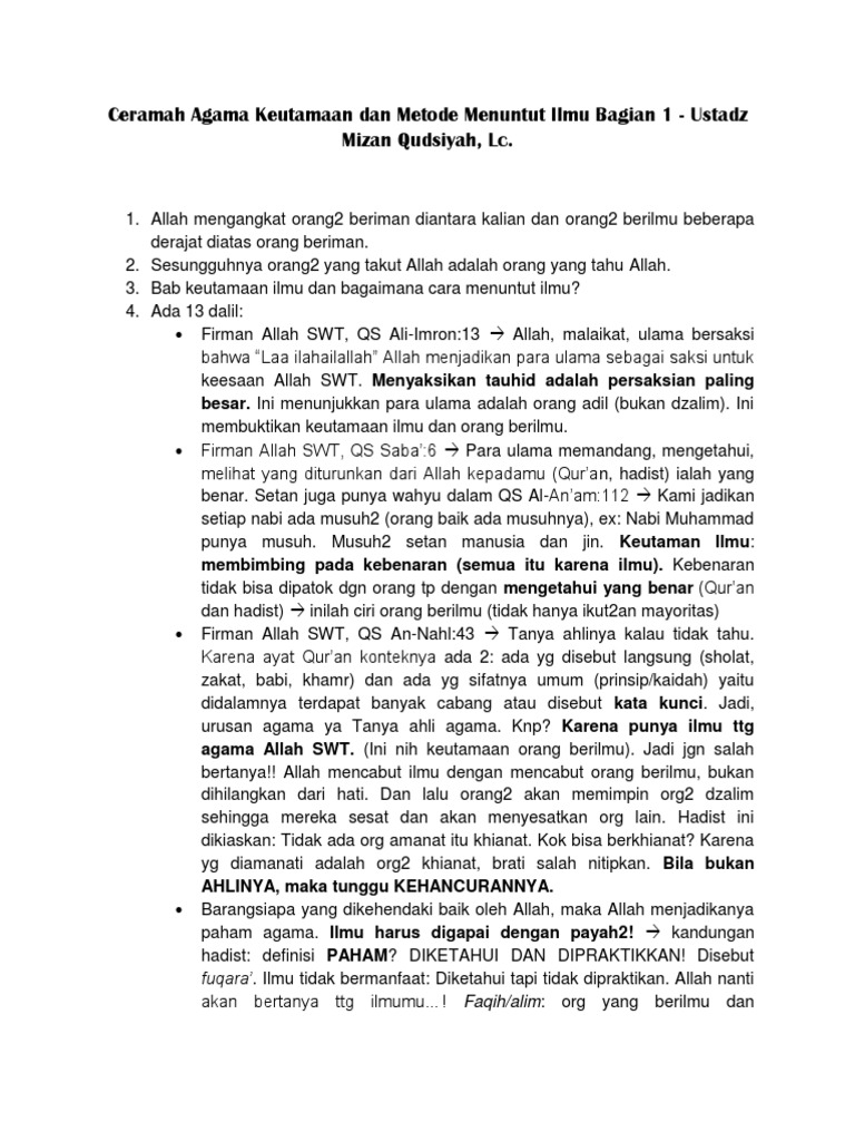 Ceramah Agama Keutamaan Dan Metode Menuntut Ilmu Bagian 1