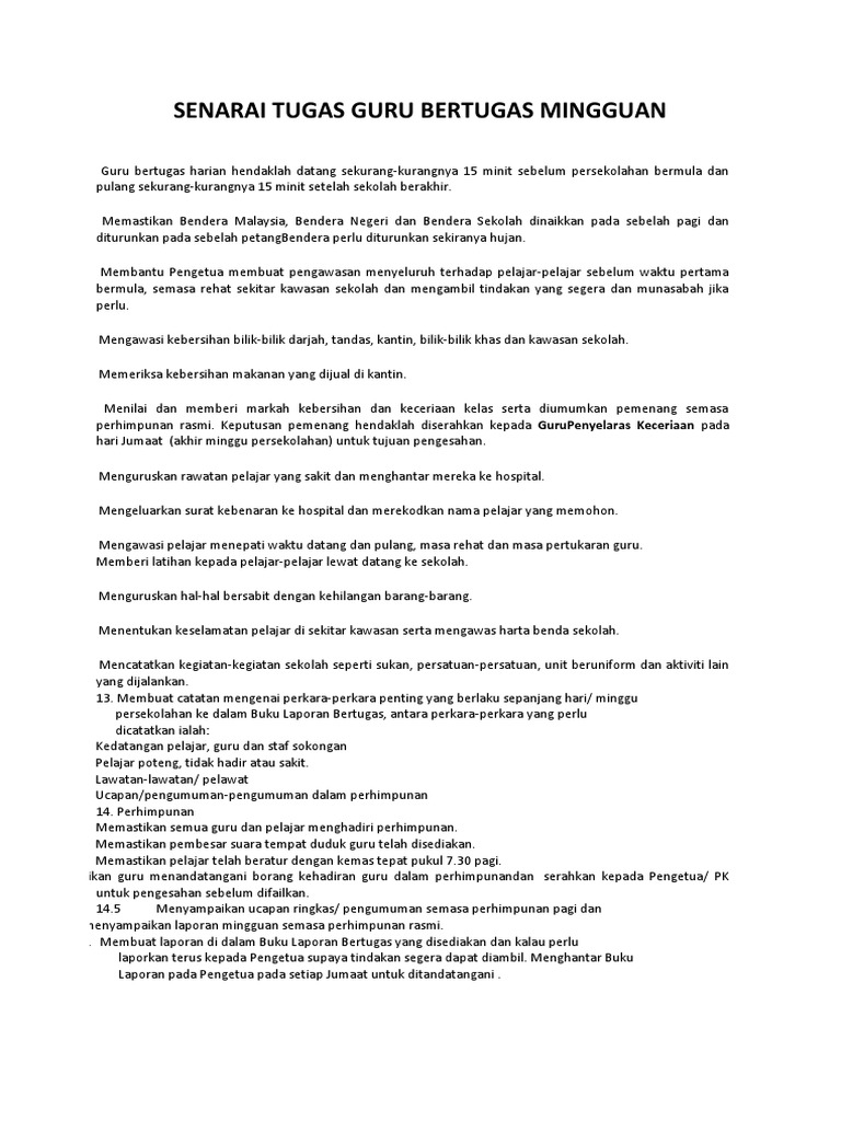 Senarai Tugas Guru Bertugas Mingguan Pdf