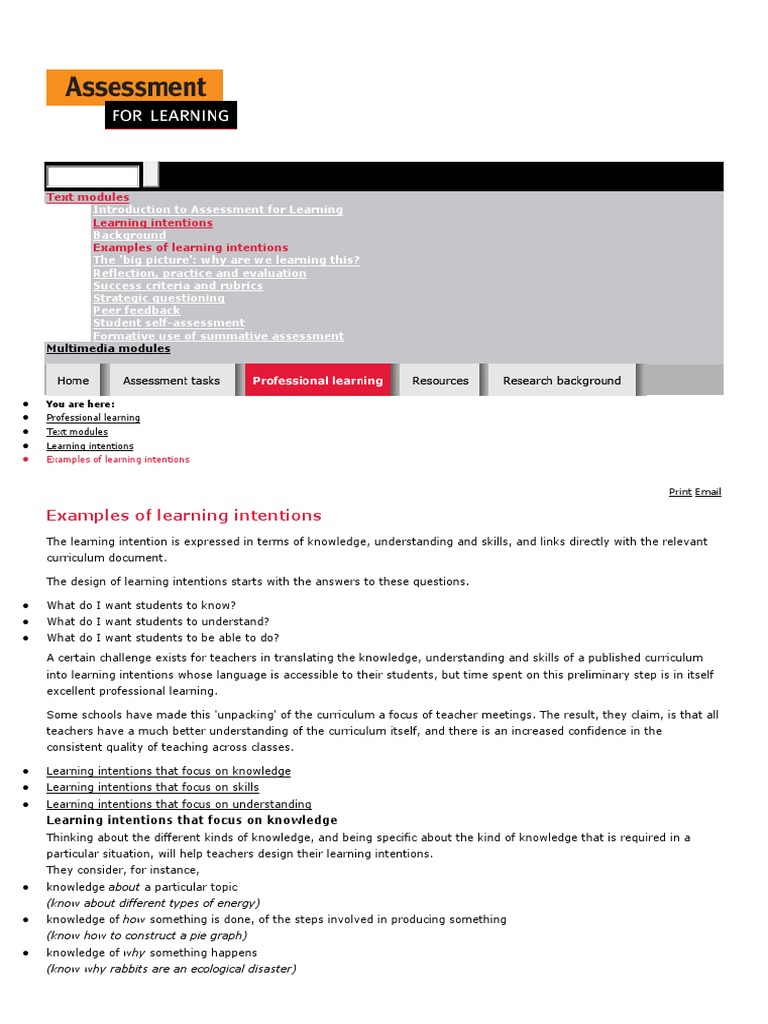 Learning Intentions | PDF | Educational Assessment | Curriculum