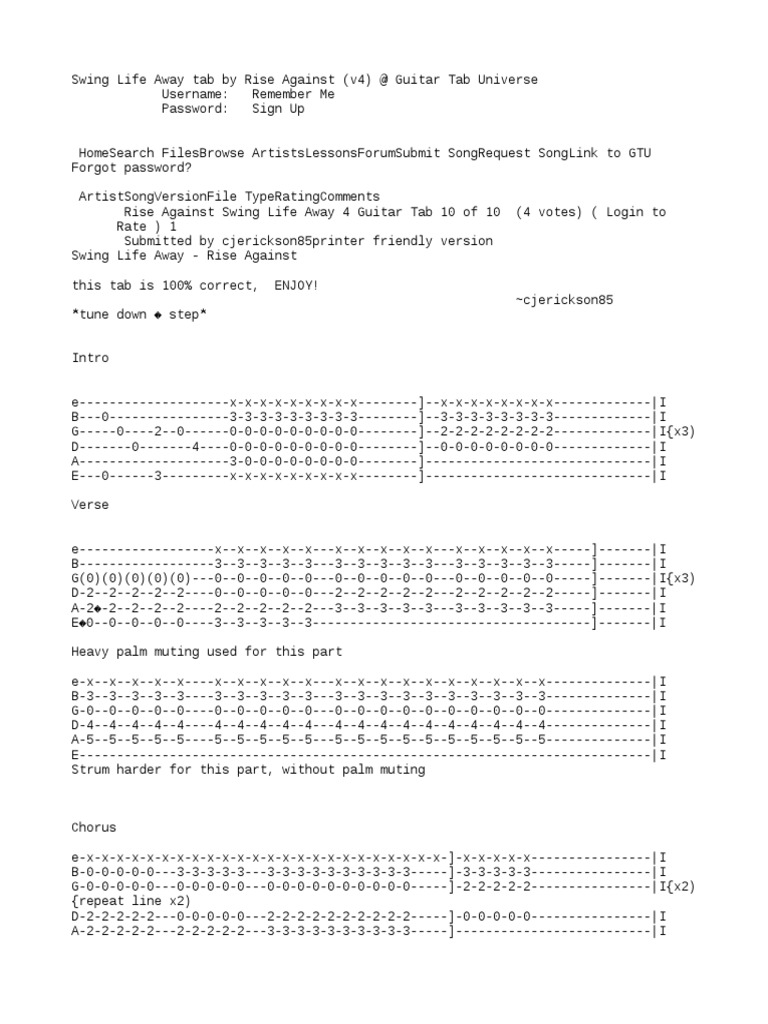 Swing Life Away Tab By Rise Against V4 Song Structure