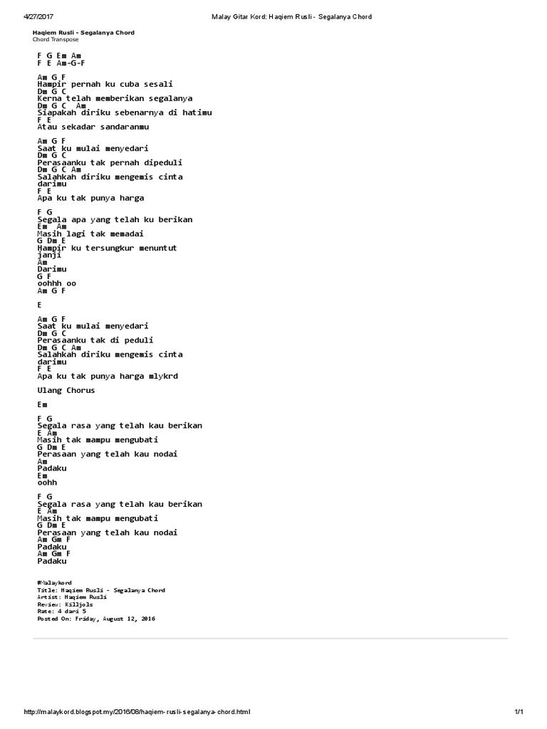 Malay Gitar Kord Haqiem Rusli Segalanya Chord Pdf