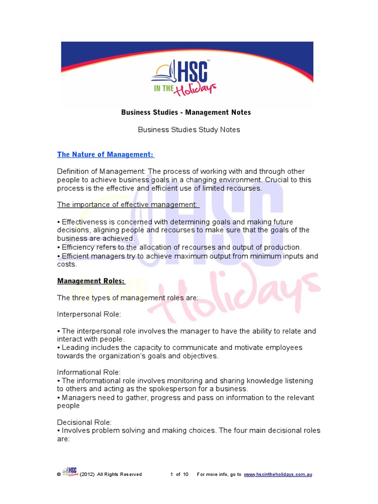 Business Studies Management Notes PDF | PDF | Goal | Leadership