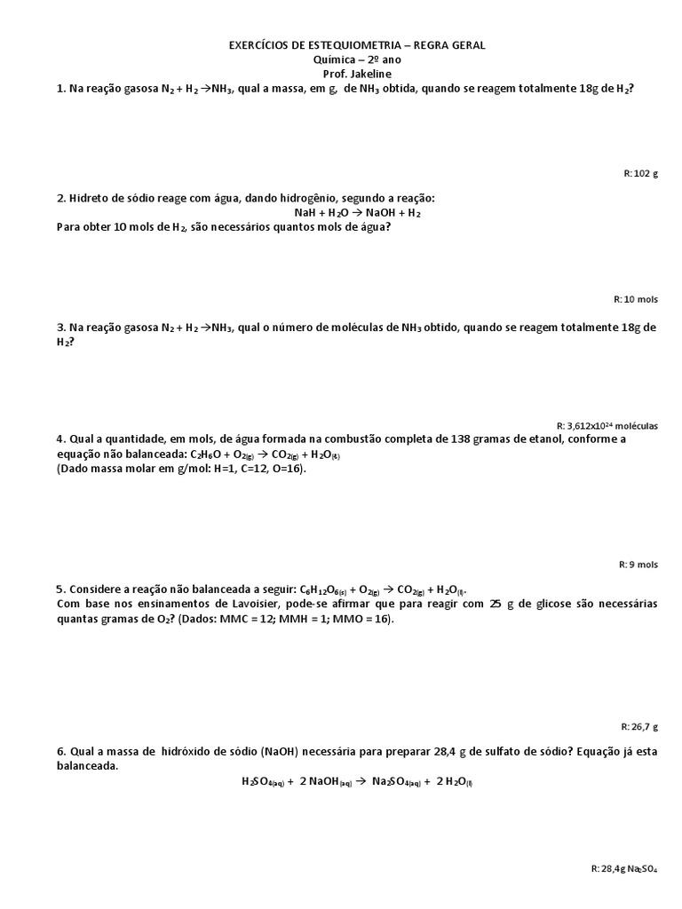 Exercícios de Estequiometria | Mol (Unidade) | Reações Químicas
