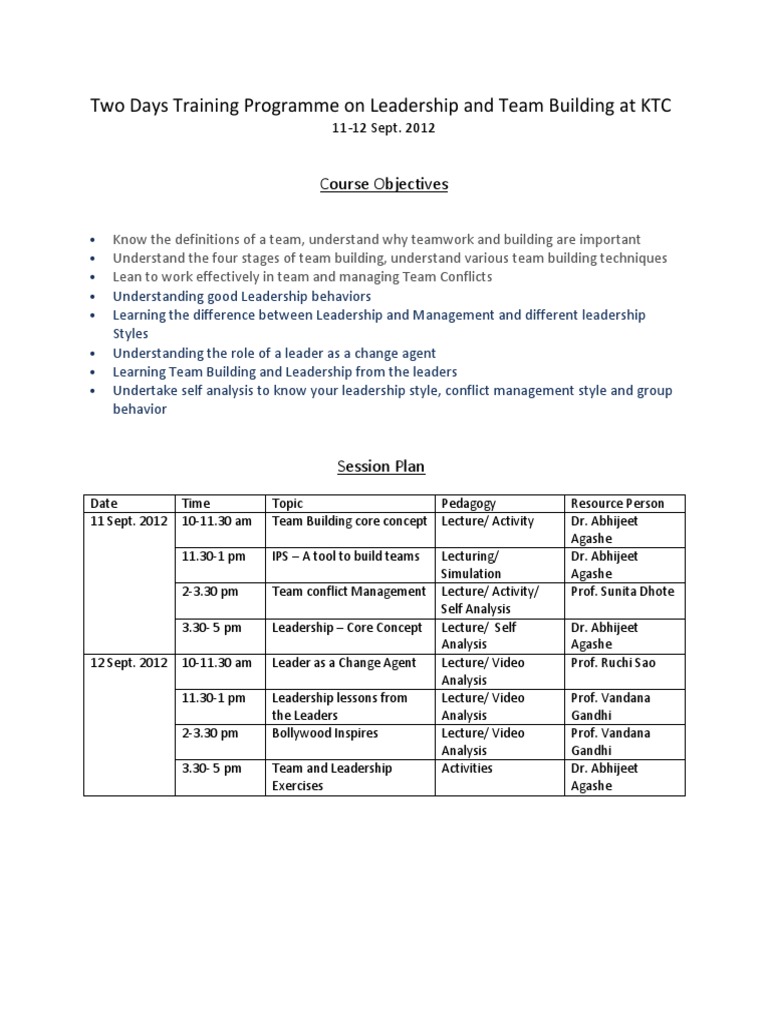 Two Days Training Programme On Leadership and Team Building at KTC ...