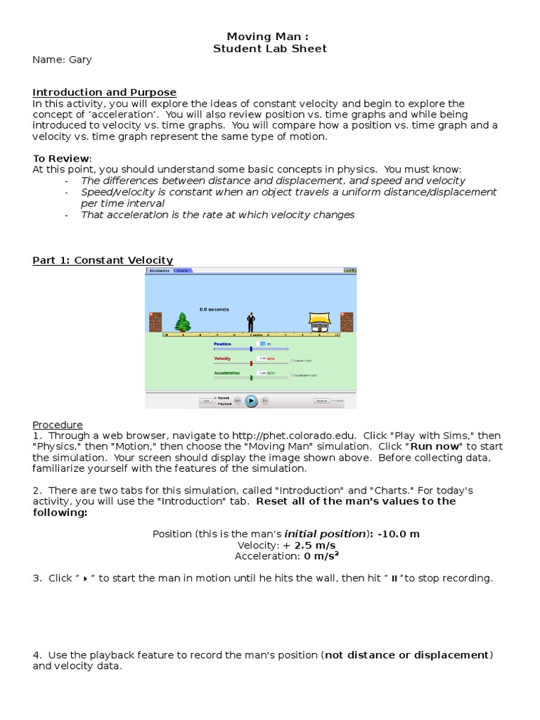 Moving Man Worksheet Velocity Acceleration