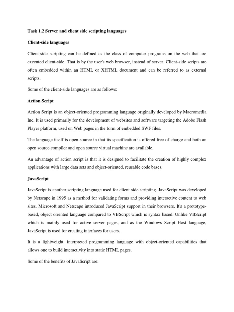 Task 1.2 Server and Client Side Scripting Languages Client-Side ...