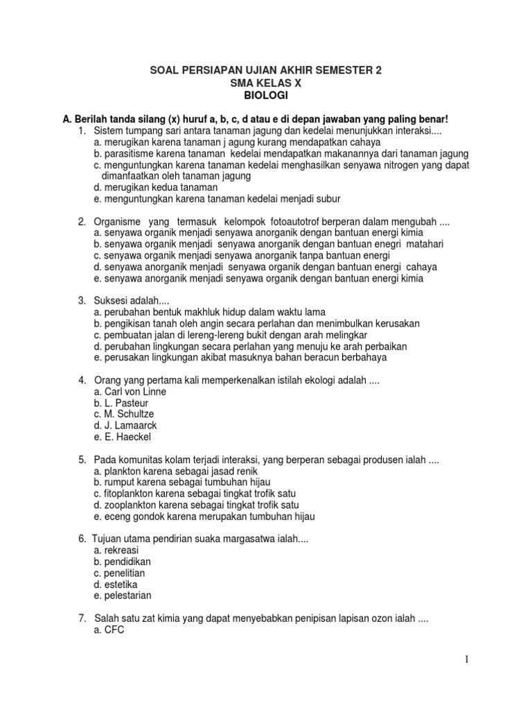  SOAL  BIOLOGI KELAS  X  SMA PERSIAPAN UJIAN  AKHIR SEMESTER  2  docx