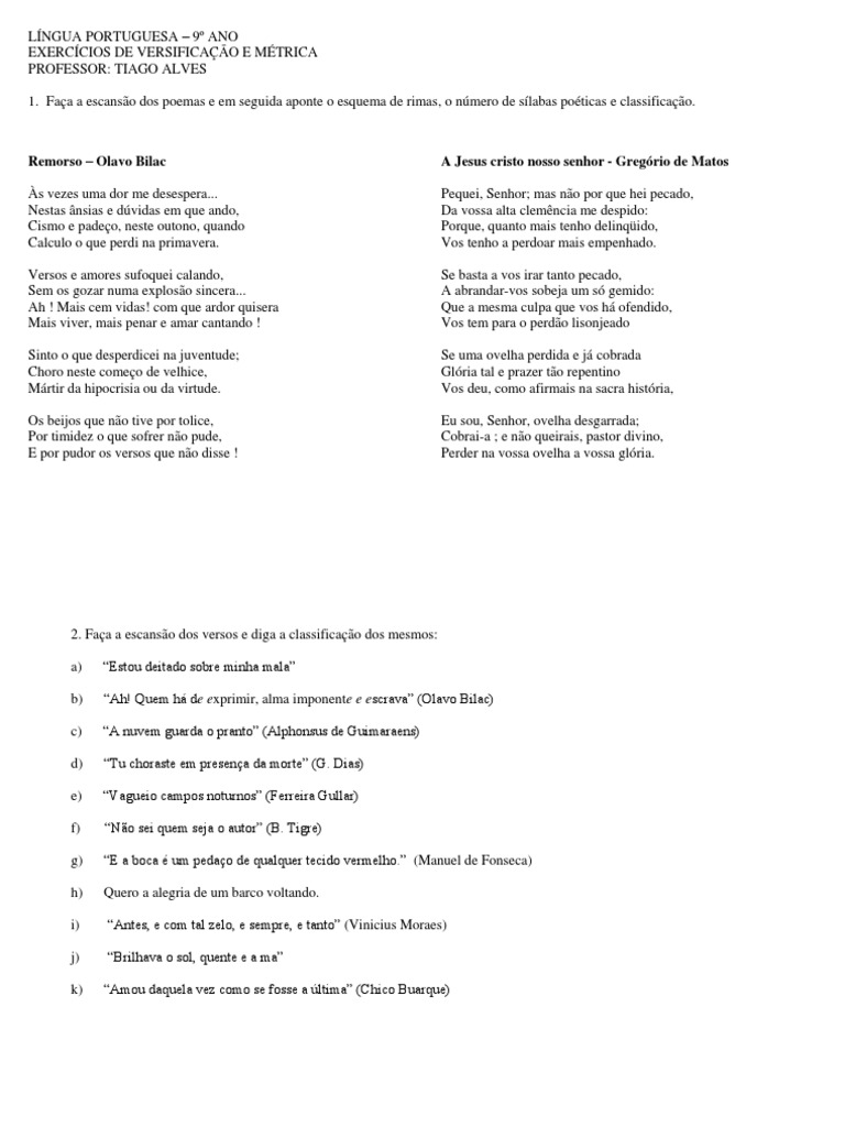 Exercícios de Escansão para 9º Ano | PDF | Poesia