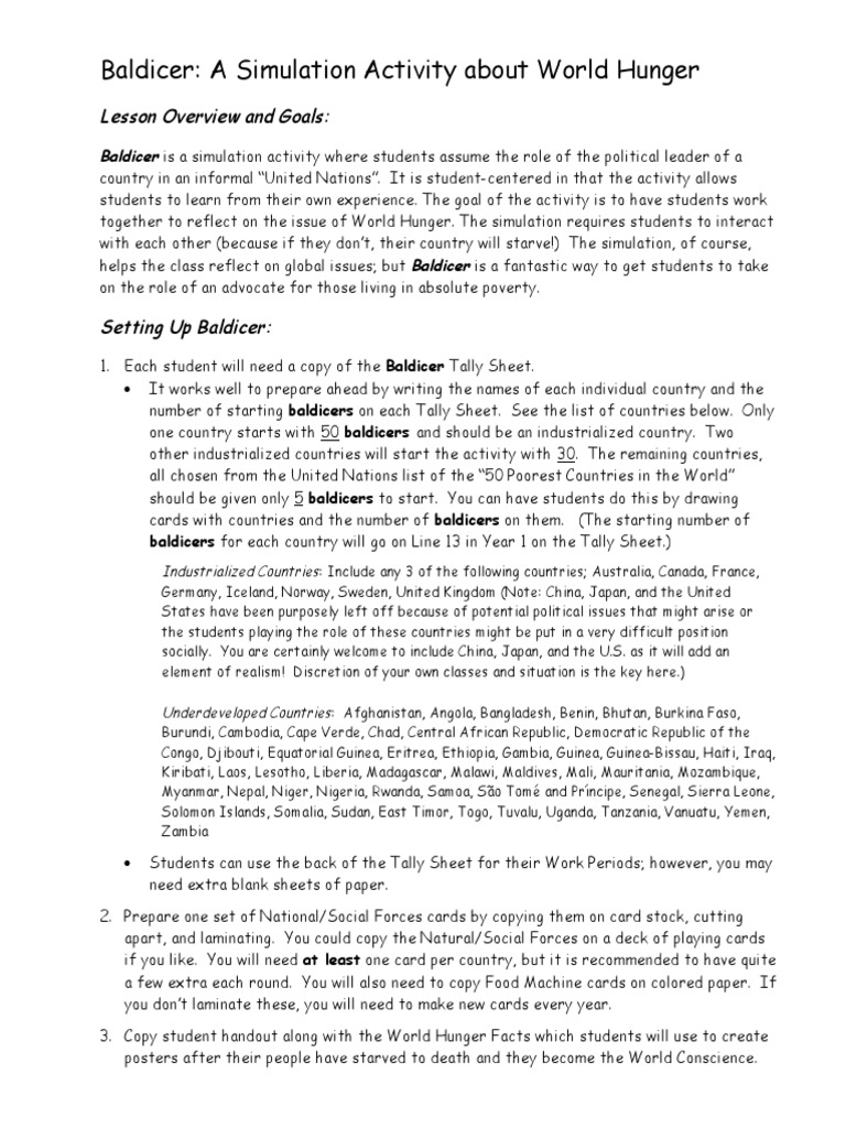 Baldicer - Teacher Instructions | PDF | Malnutrition | Hunger