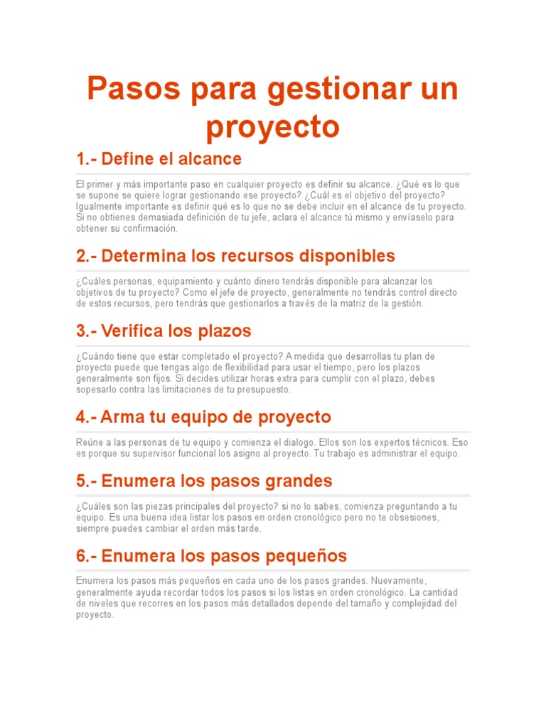 Pasos para gestionar un proyecto | PDF | Presupuesto | Planificación