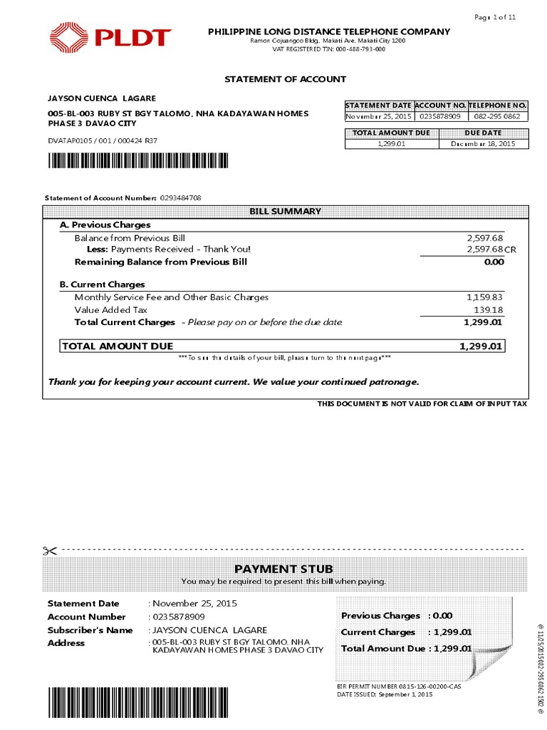 Phone Bill(PLDT) Value Added Tax Payments