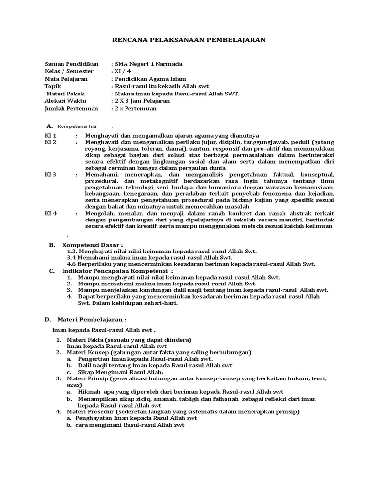 1 Rpp Iman Kepada Rasul Rasul Alloh Swt