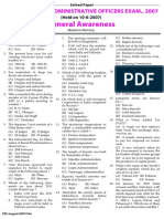 Solved Paper: OIC Assistant Administrative Officers Exam 2007 General Awareness