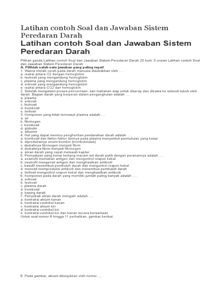 Latihan Contoh Soal Dan Jawaban Sistem Peredaran Darah
