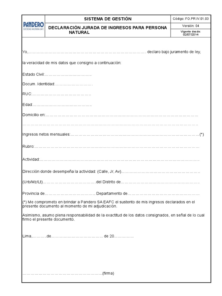 Copia de Declaración Jurada de Ingresos para Persona Natural | PDF ...
