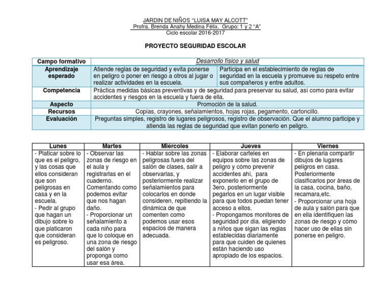 Proyecto de Seguridad Escolar en Preescolar | PDF | Jardín de infancia ...