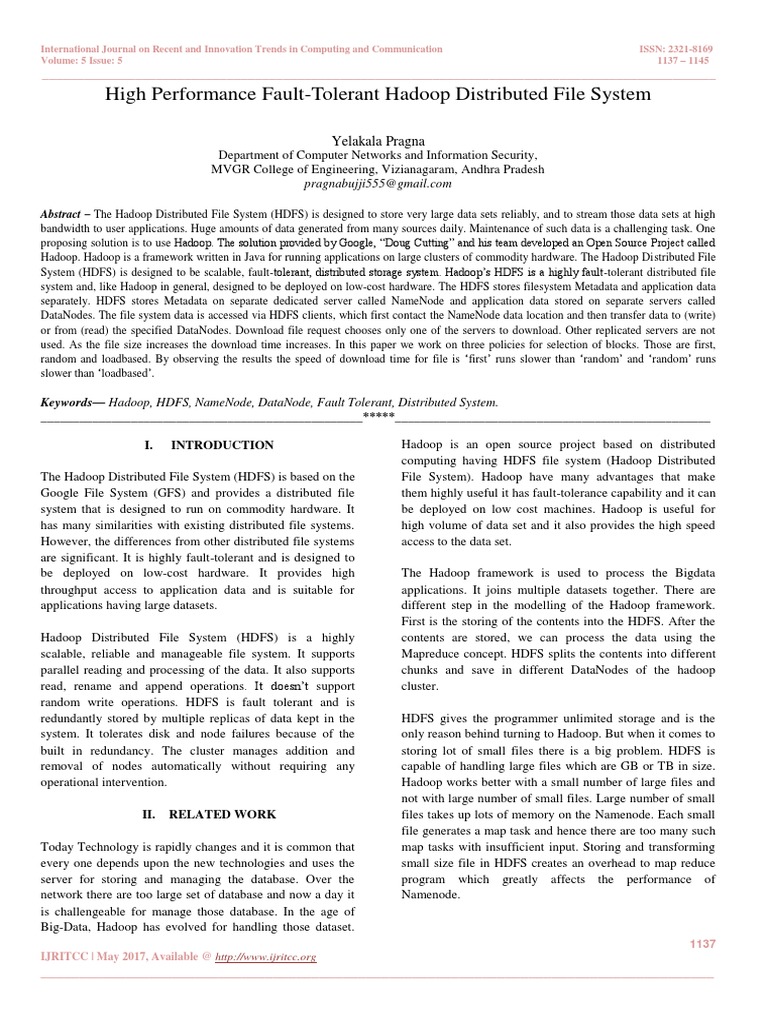 High Performance Fault-Tolerant Hadoop Distributed File System | PDF ...