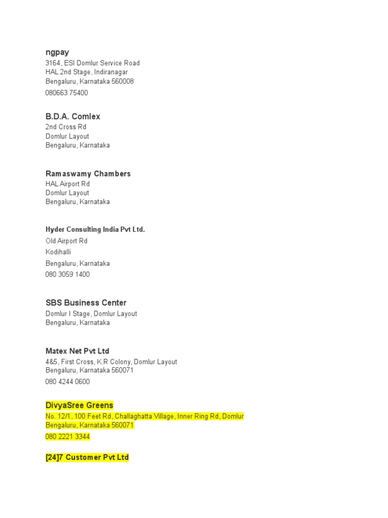 Bengaluru Business Addresses Guide | PDF | Business | Computers