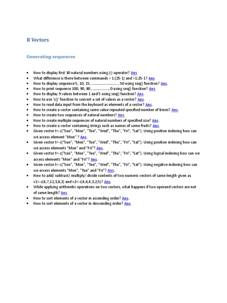 R Vectors: Generating Sequences | PDF | Matrix (Mathematics) | Algebra