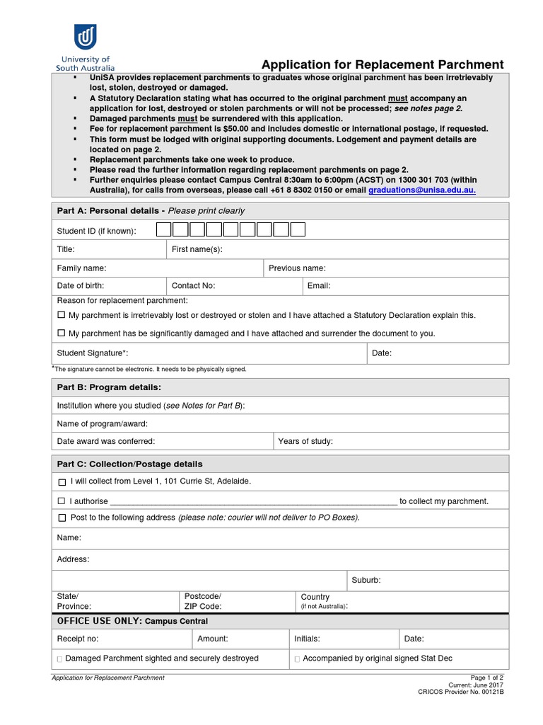 Application For Replacement Parchment PDF Service Industries Payments