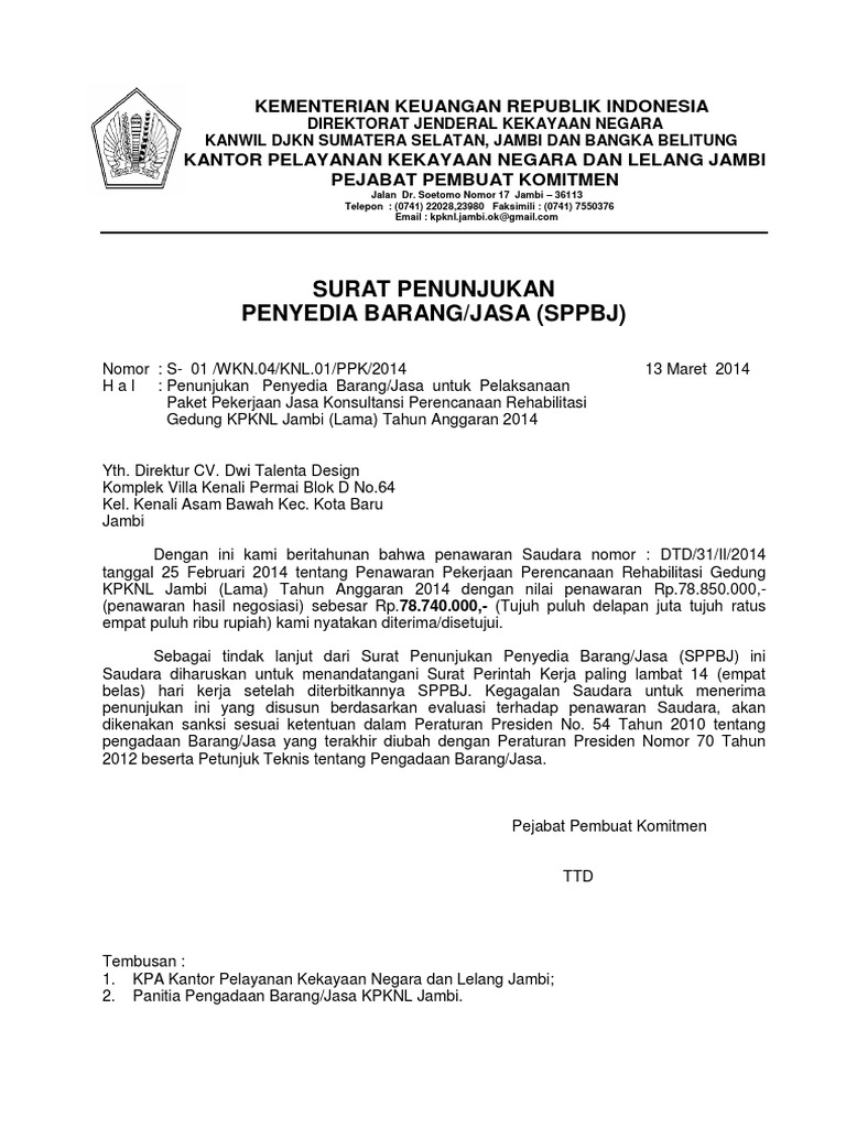 Surat Penunjukan Penyedia Jasa KPKNL Jambi | PDF | Bisnis | Pengelolaan ...