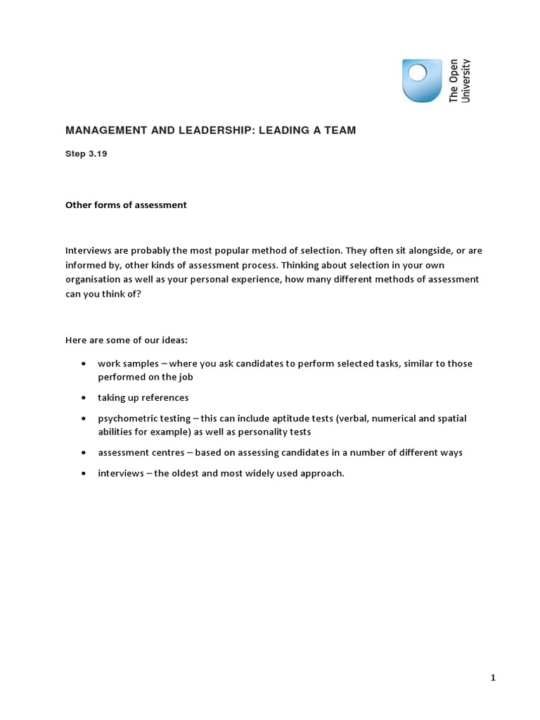Assessment Methods for Team Selection | PDF | Business | Self-Improvement