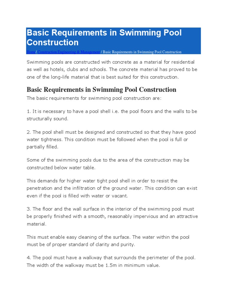 Swimming Pool Construction Requirements | PDF | Swimming Pool | Human ...