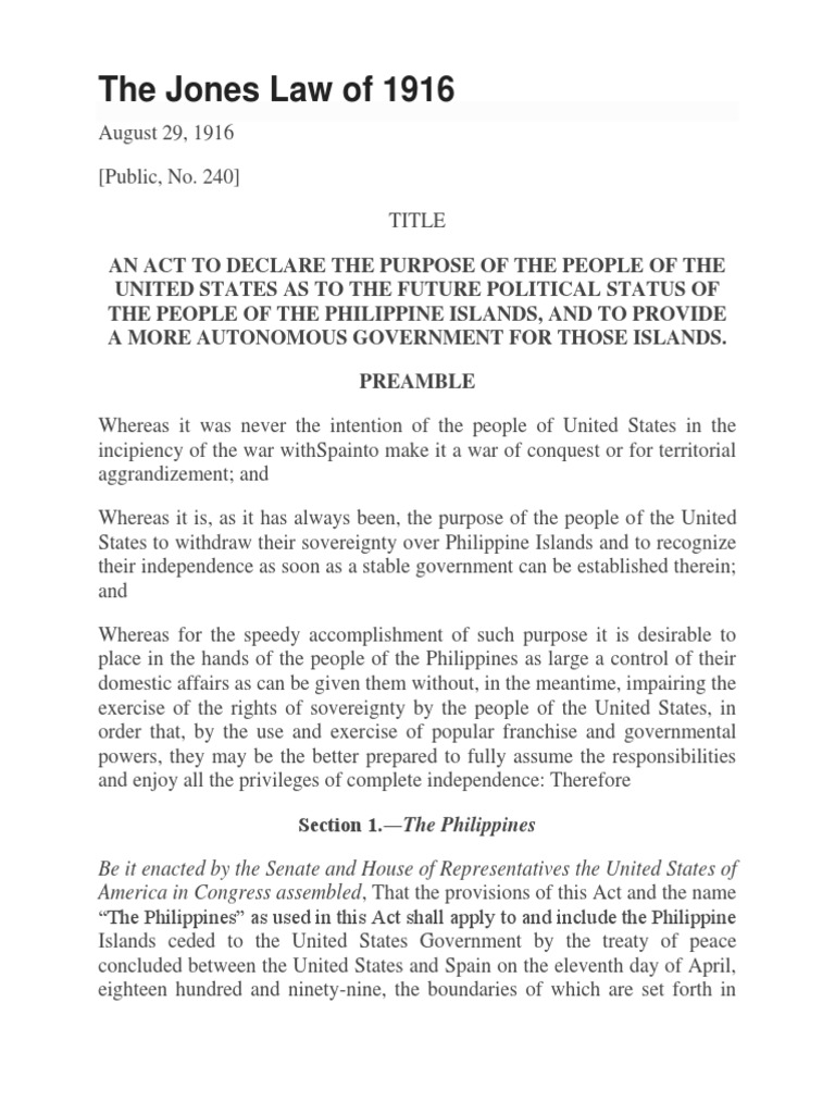 The Jones Law of 1916 United States Senate United States House Of