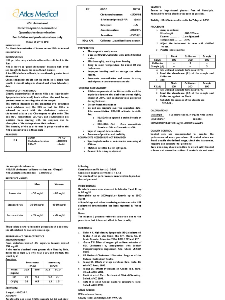 HDL Choelsterol, Enzymatic Package Insert, Teknik High Density