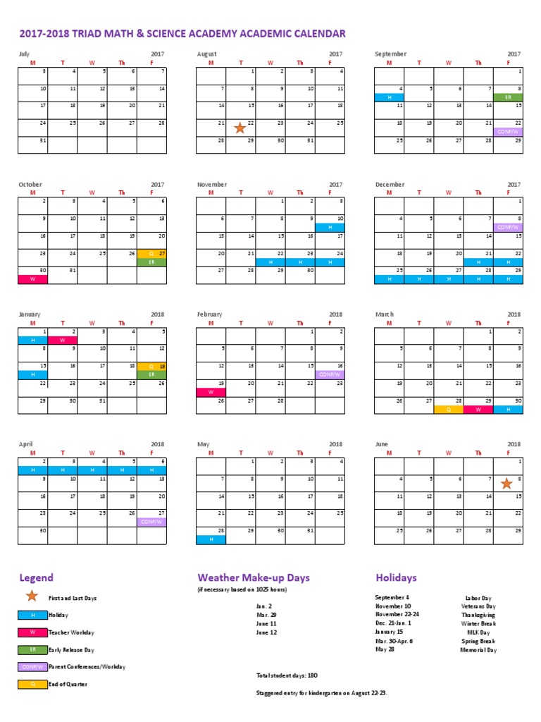 20172018 Triad Math & Science Academy Academic Calendar July 2017
