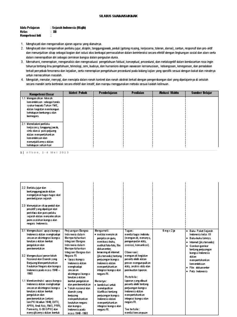 Rpp Sejarah Nasional Sma Kurikulum 2013 Guru Paud