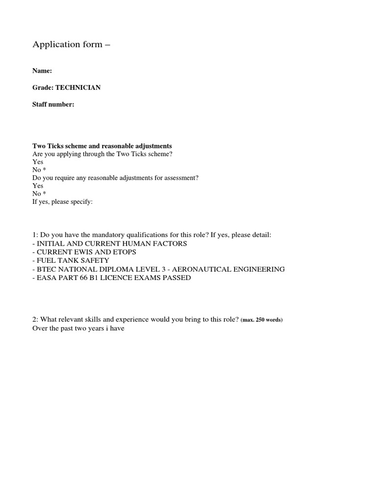 Technician Job Application Form | PDF | Educational Stages ...