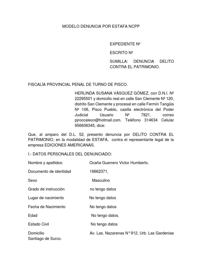 Modelo Denuncia Por Estafa Ncpp Expedien Trucos de confianza Bienes
