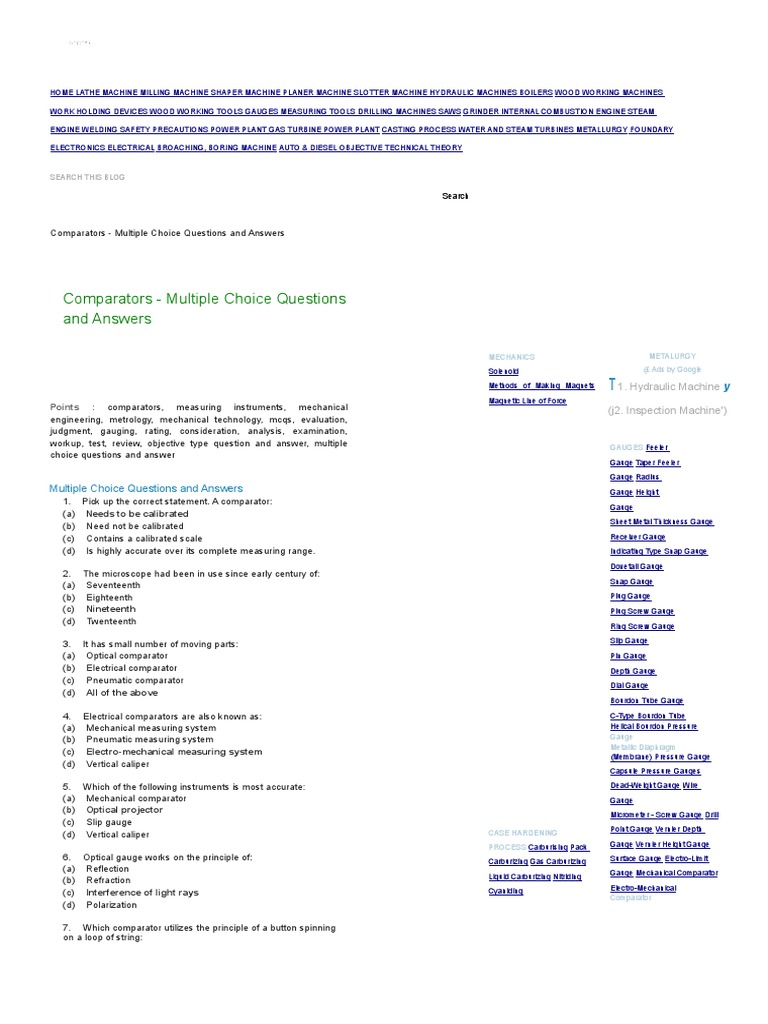 Mechanical Technology - Comparators - Multiple Choice Questions and ...