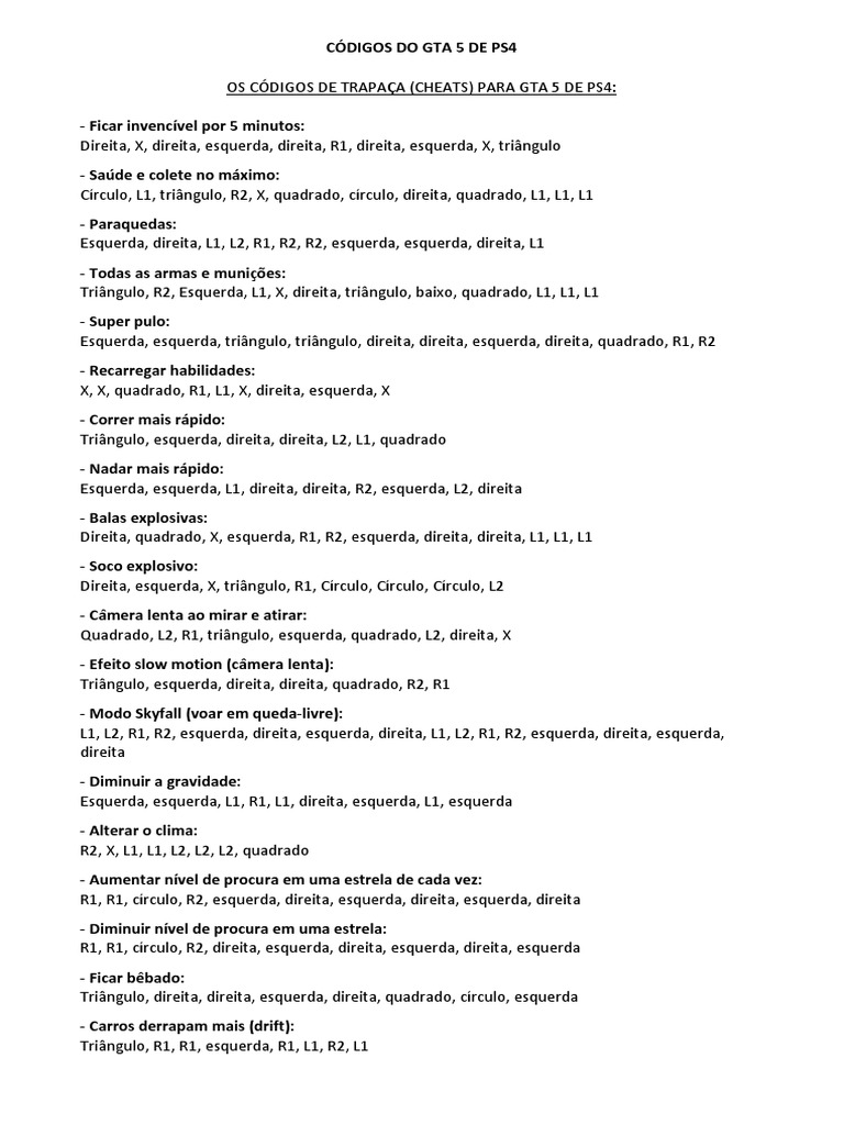Códigos Do Gta 5 de Ps4 PDF Lazer