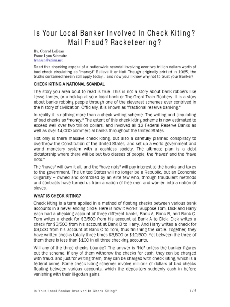 Is Your Local Banker Involved in Check Kiting Money Cheque