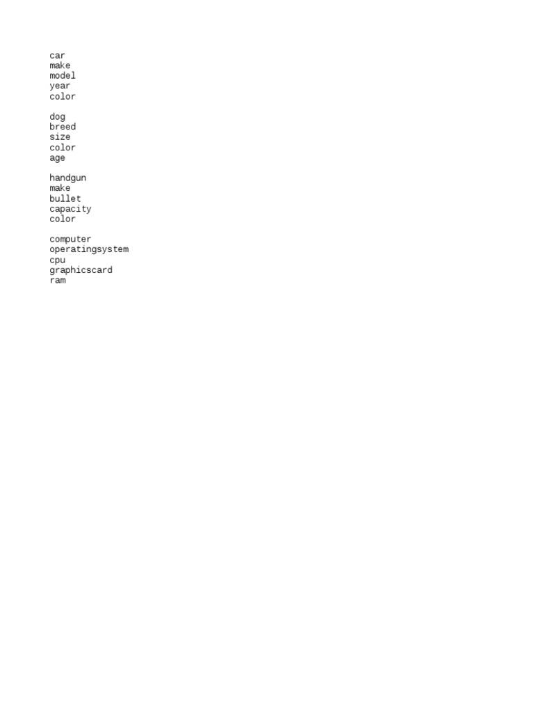 Car Make Model Year Color Dog Breed Size Color Age Handgun Make Bullet