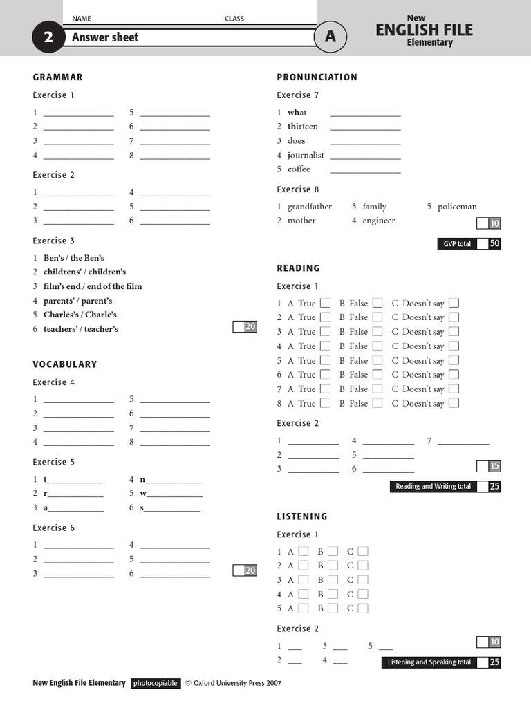 Nef Elem Filetest 2a Answersheet | PDF