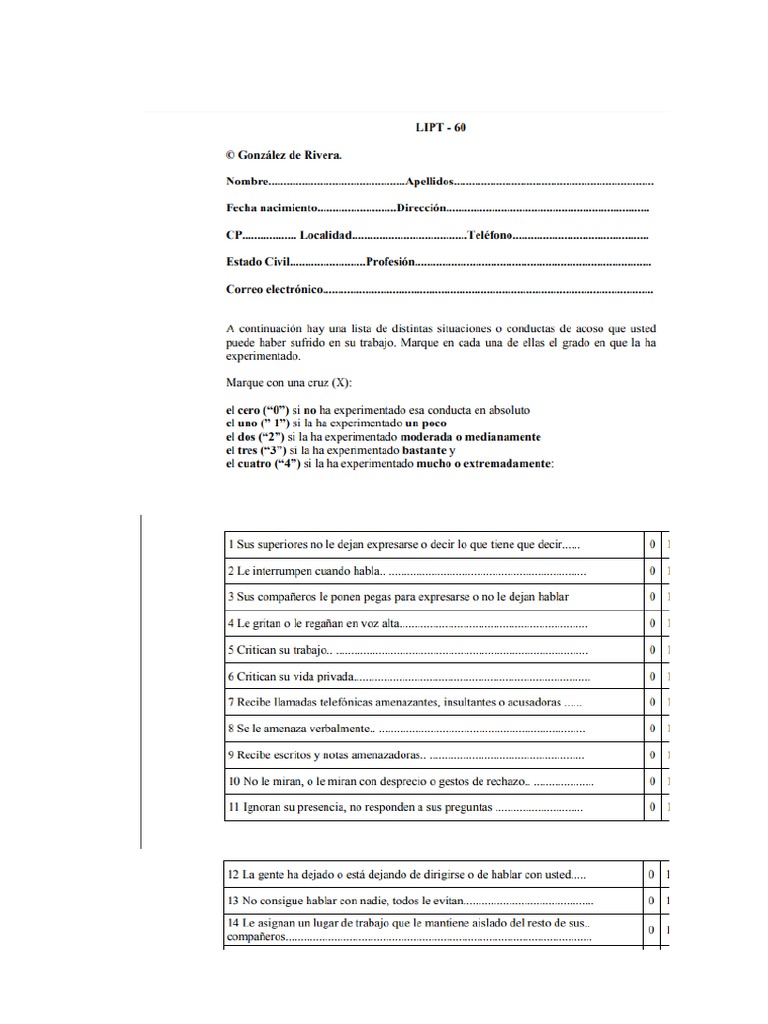 Cuestionario LIPT-60 de Leymann | PDF | Violencia | Conflicto (proceso)