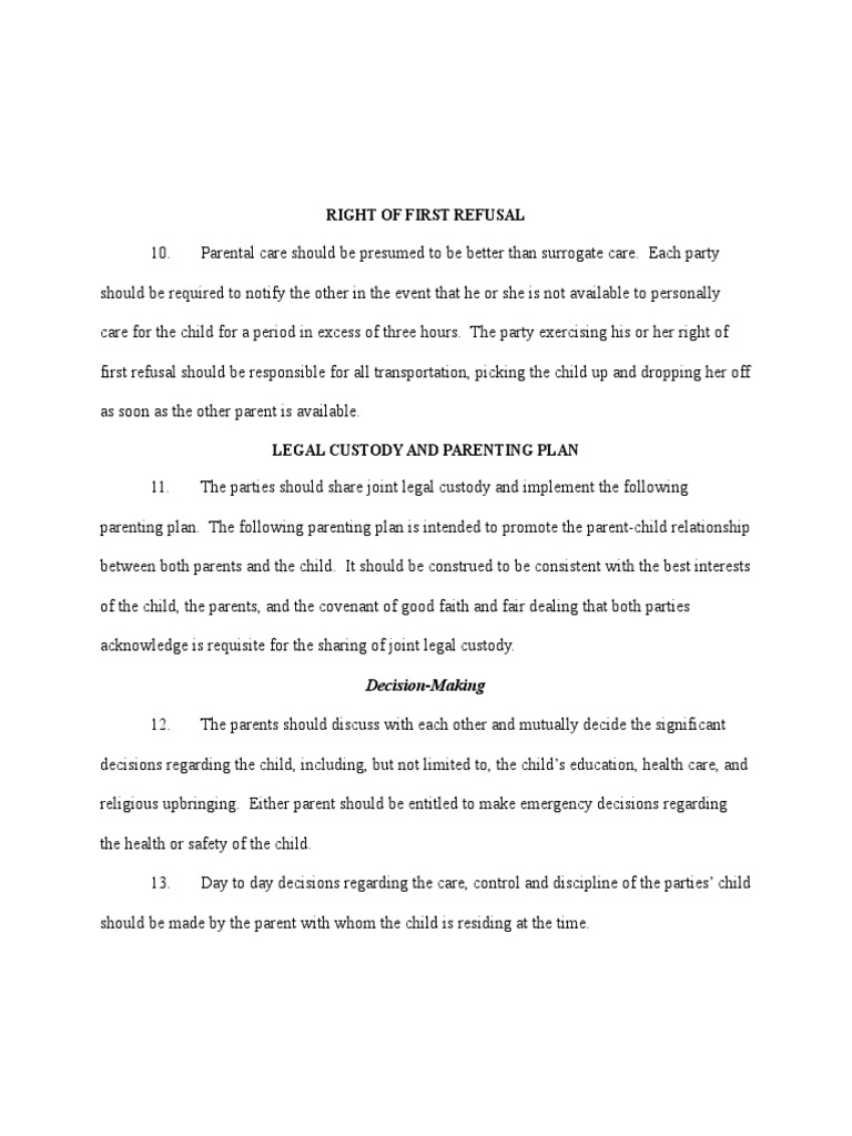 Sample Parenting Plan Provisions | PDF | Mediation | Child Custody