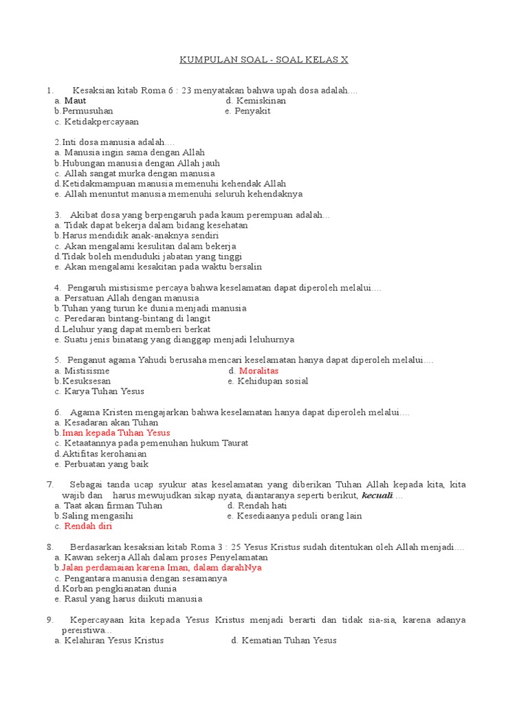 Soal Pendidikan Agama Kristen Kelas x Soal Pendidikan Agama Kristen Kelas x