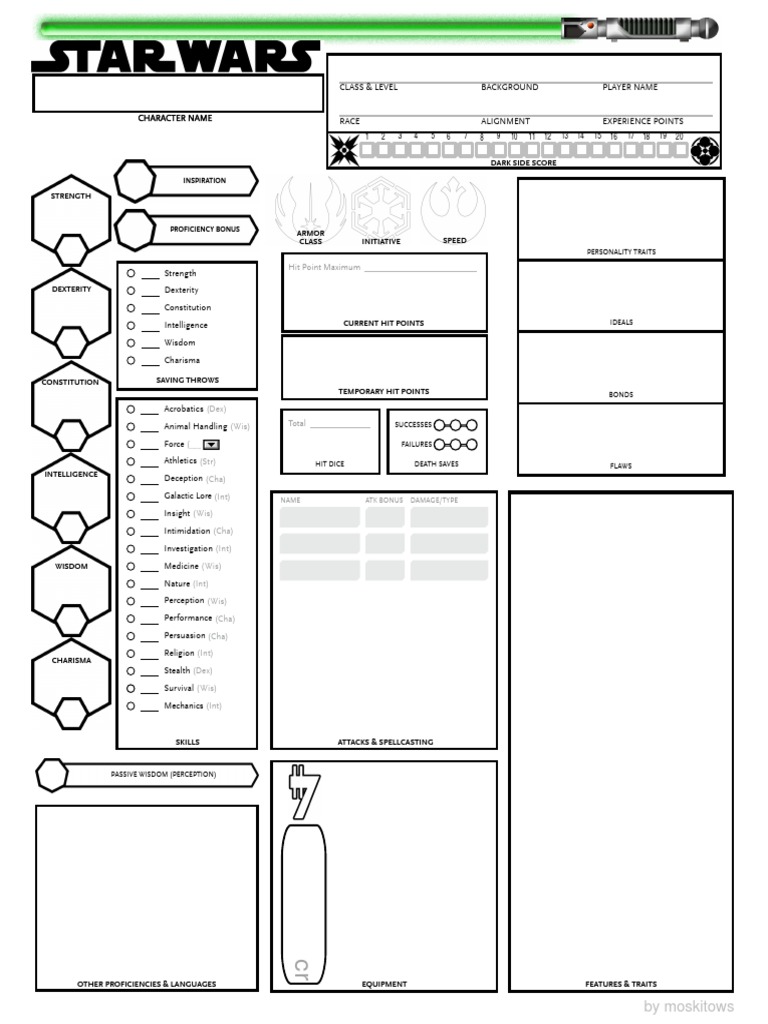 Star Wars 5E Character Sheet Template | PDF | Tabletop Games | Role Playing