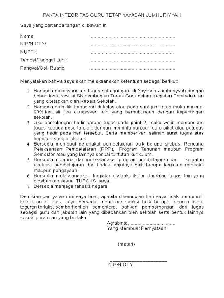 Surat Integritas Guru Yayasan Docx